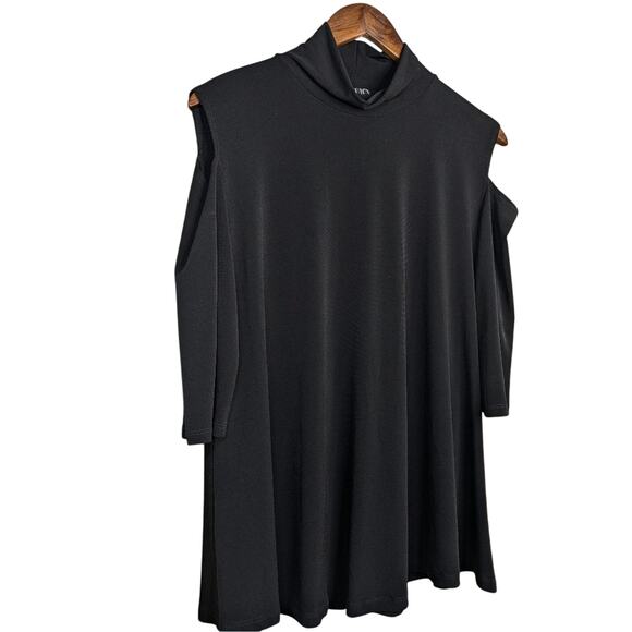 Clara Sun Woo Black Cold Shoulder Top L Mock Neck Tunic Jersey Knit Stretch - Picture 3 of 11